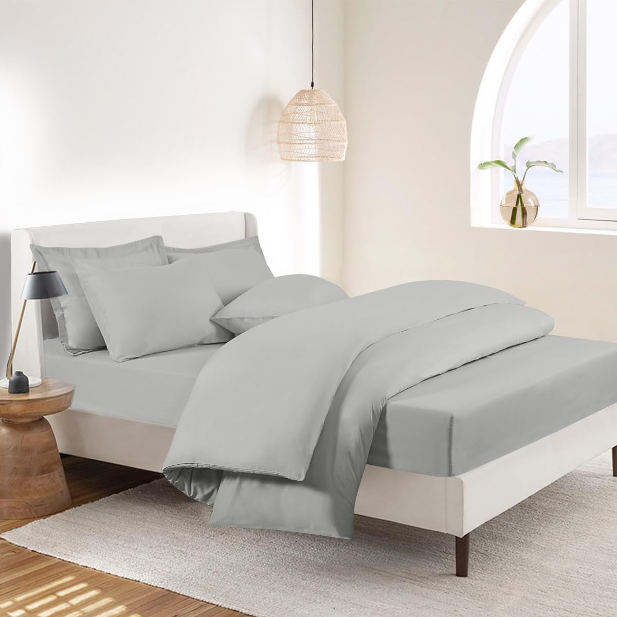 RUIKASI Bedding Double Bed Sets - 4 Piece Bedding Set Double Bed, Deep Pocket Fitted Sheet and Duvet Cover with Pillow cases, Soft Microfiber Duvet Set with Zipper, Light Grey — image 1