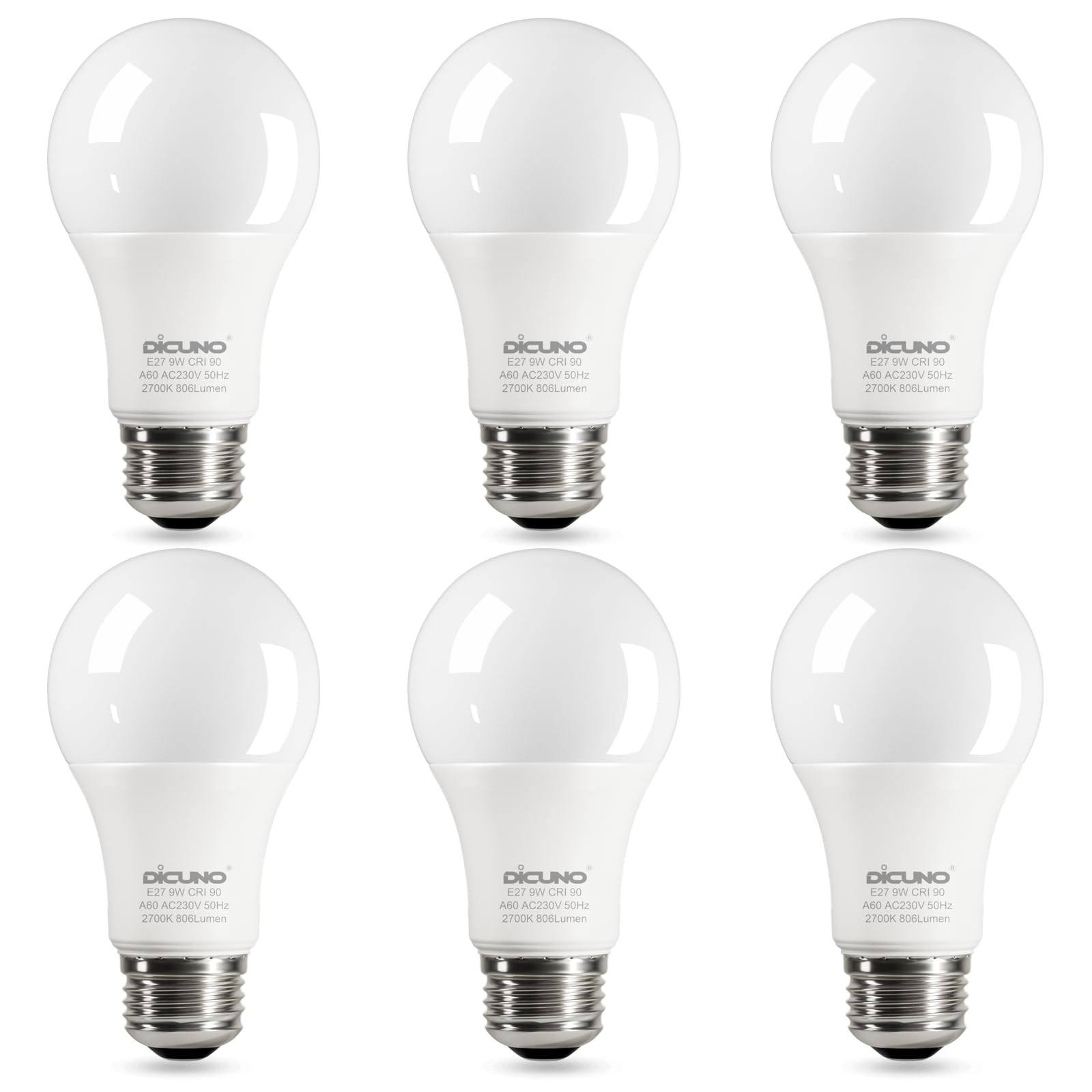 DiCUNO 9W E27 LED Lampe ersetzt 60W, 2700K Warmweiß, 806lm, A60 Matt Edisonbirne, CRI 90, 220° Abstrahlwinkel, flimmerfrei, nicht dimmbar, 230V Energiesparlampe, 6er Pack