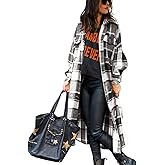 Happlan Women's Plaid Shacket Casual Flannel Shirt Jacket Loose Lapel Wool Blend Coat Oversized(0001-Grey-L)