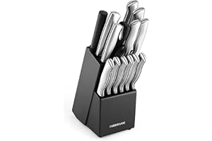 Farberware 15-Piece Kitchen Knife Set, High-Carbon Stainless Steel Blades with Wood Block, Steak Knives, Sharpening Tool & All-Purpose Shears, Razor Sharp, Ergonomic Stainless Steel Handles