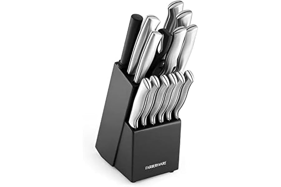 Farberware 15-Piece Kitchen Knife Set, High-Carbon Stainless Steel Blades with Wood Block, Steak Knives, Sharpening Tool & Al Book