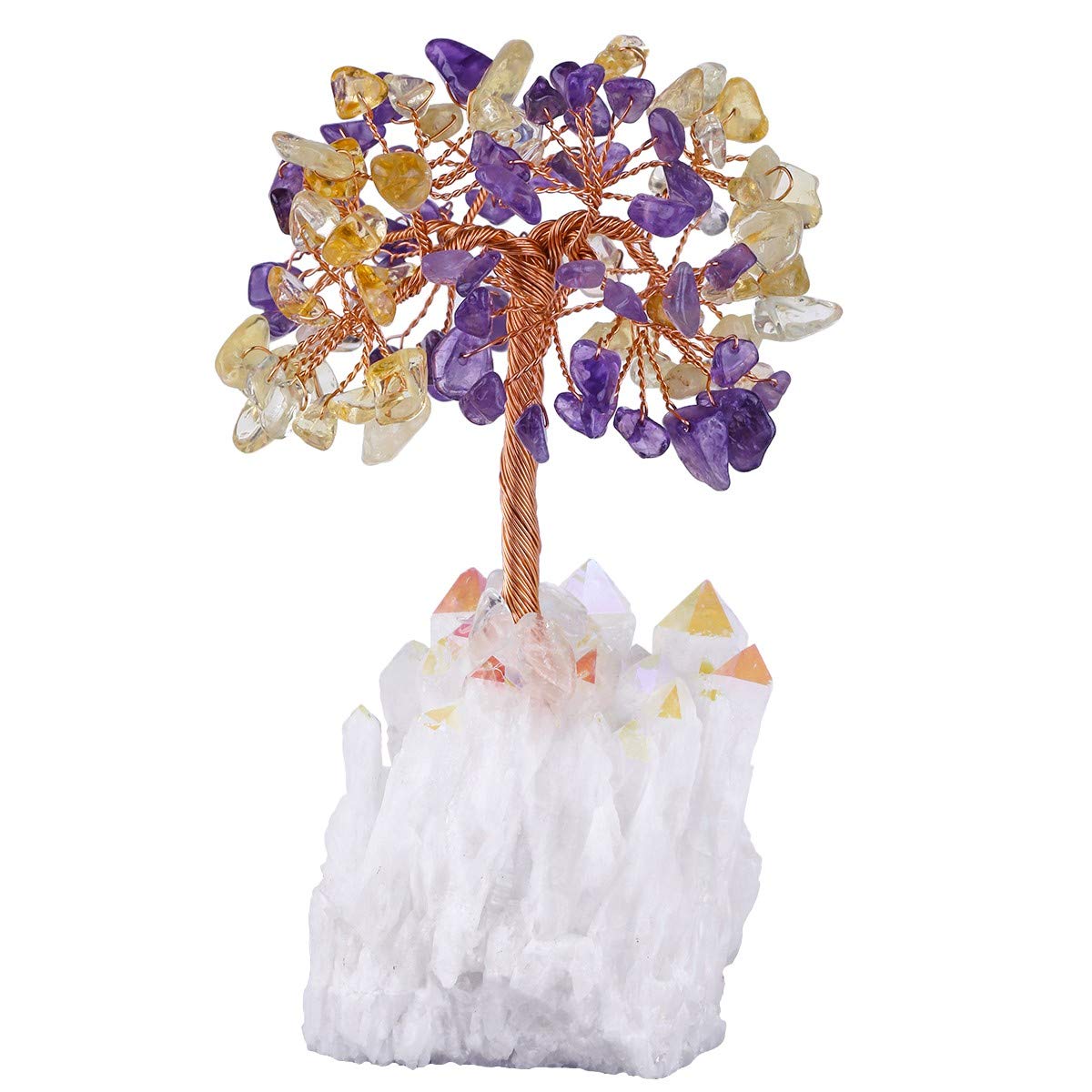 mookaitedecor Natural Amethyst Citrine Healing Crystals and Gemstones Tree,Stone Money Tree Feng Shui Ornament with Angel Aura Crystal Cluster Base