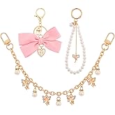 LuneClat 3Pcs Butterfly Pearl Purse Extender Chain - Gold Replacement Bag Charm with Enamel Flower, Pink Bow Peal Keychain for Women Crossbody Handbags Purses Making Accessories
