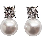 Women’s White Pearl Invisible Clip on Earrings – Comfortable Bridal Crystal Non Pierced Clip on Stud Earrings Gold Silver tones Wedding