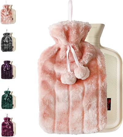 RAM Large Cosy 2L Rubber Hot Water Bottle with Faux Fur Pink Cover