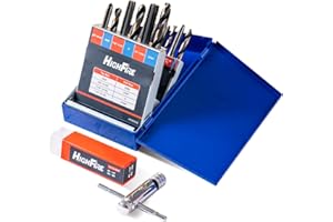 HIGHFIRE 18pcs SAE Drill and Tap Set with 1 Piece T-Handle Ratchet Tap Wrench Capacity Range #0-1/4", Black and Gold Premium HSS Jobber Length Drill Bits and Hand Plug Taps with Metal Indexed Box