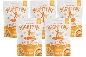 Mission Mighty Me Nutty Puffs Peanut Butter Puffs for Babies + Kids - Pediatrician Developed - USDA Organic, Plant-Based Protein, Gluten-Free Baby Snack - Peanut Flavor (1.5oz, 5-Pack)