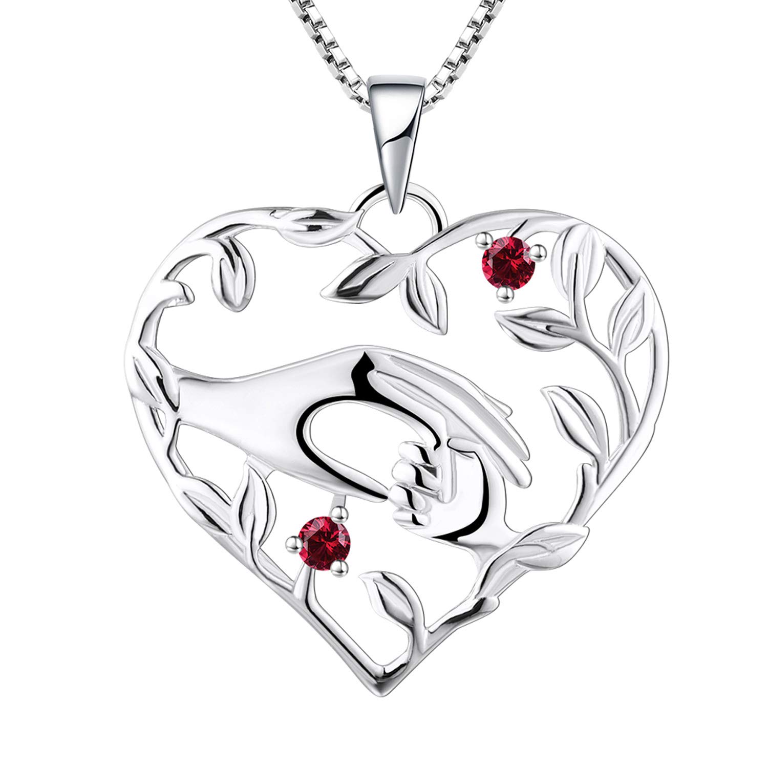 YL Mum Heart Necklace 925 Sterling Silver Mom Hold Child's Hand cut July Birthstone Ruby Pendant Gifts for Mum Women — image 1