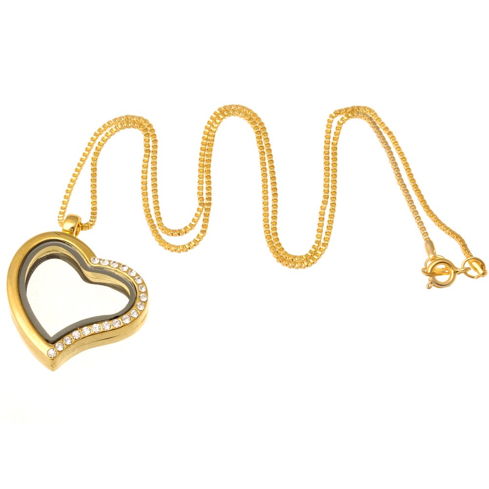 RUBYCA Living Memory Floating Charm Heart Glass Locket Pendant Necklace 20 Inches 5pcs Gold Color