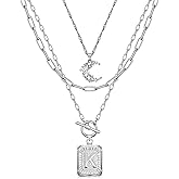MJartoria Layered Initial Necklaces for Women Trendy, 14K Gold Plated Brass Simple Moon Choker Square Letter Pendant Necklace, Paperclip Chain Necklaces Jewelry Gifts