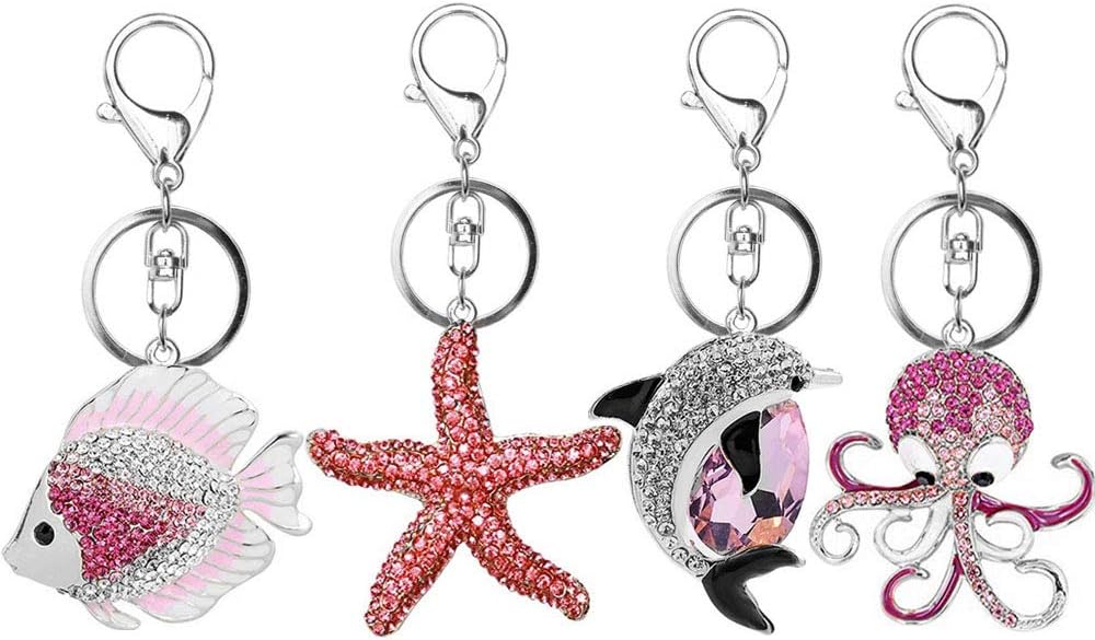 JewelBeauty Set of 4 Ocean Style Rhinestone Keychains Perfect Key Chains Gifts for Women Girls Handbag Dolphin/Starfish/Fish/Octopus