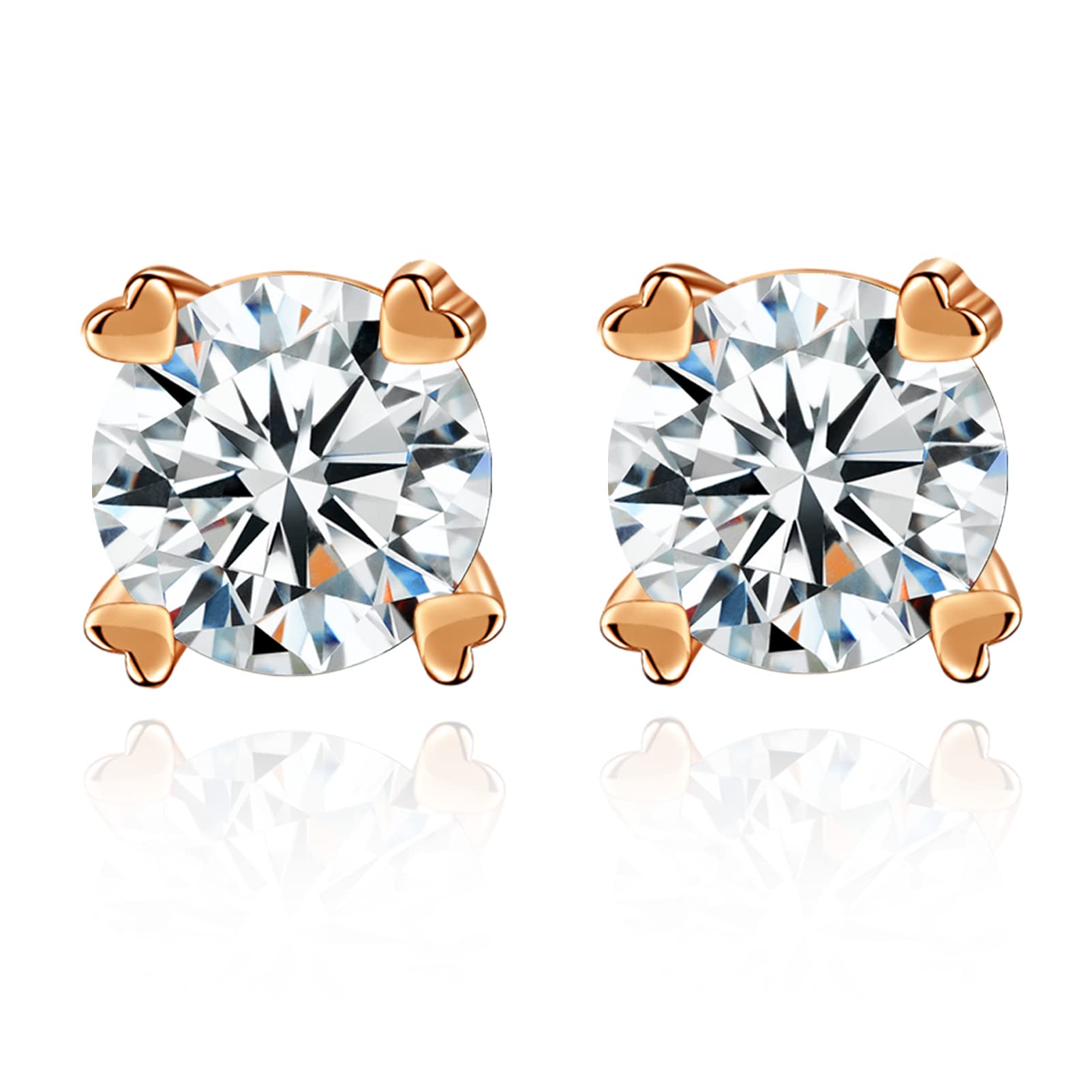 Rose Gold Solitaire Pierced Stud Earrings with Heart Shape 4 Prong Earrings for Jewellery Gift