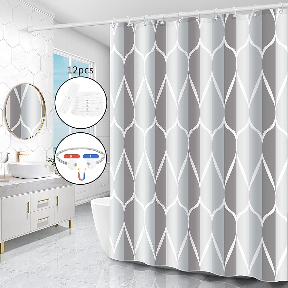 Miorkly Grey Shower Curtain 180x180 cm Mould-Proof Waterproof 12 Hooks