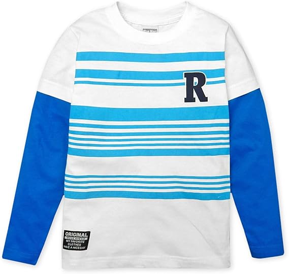 Amazon 男児 キッズ 長袖 Tシャツ 重ね着風 ボーダー柄 イニシャルプリント ワッペン 子供服 男の子 110cm 1cm 130cm A 1638 メール便対応 Tシャツ カットソー 通販