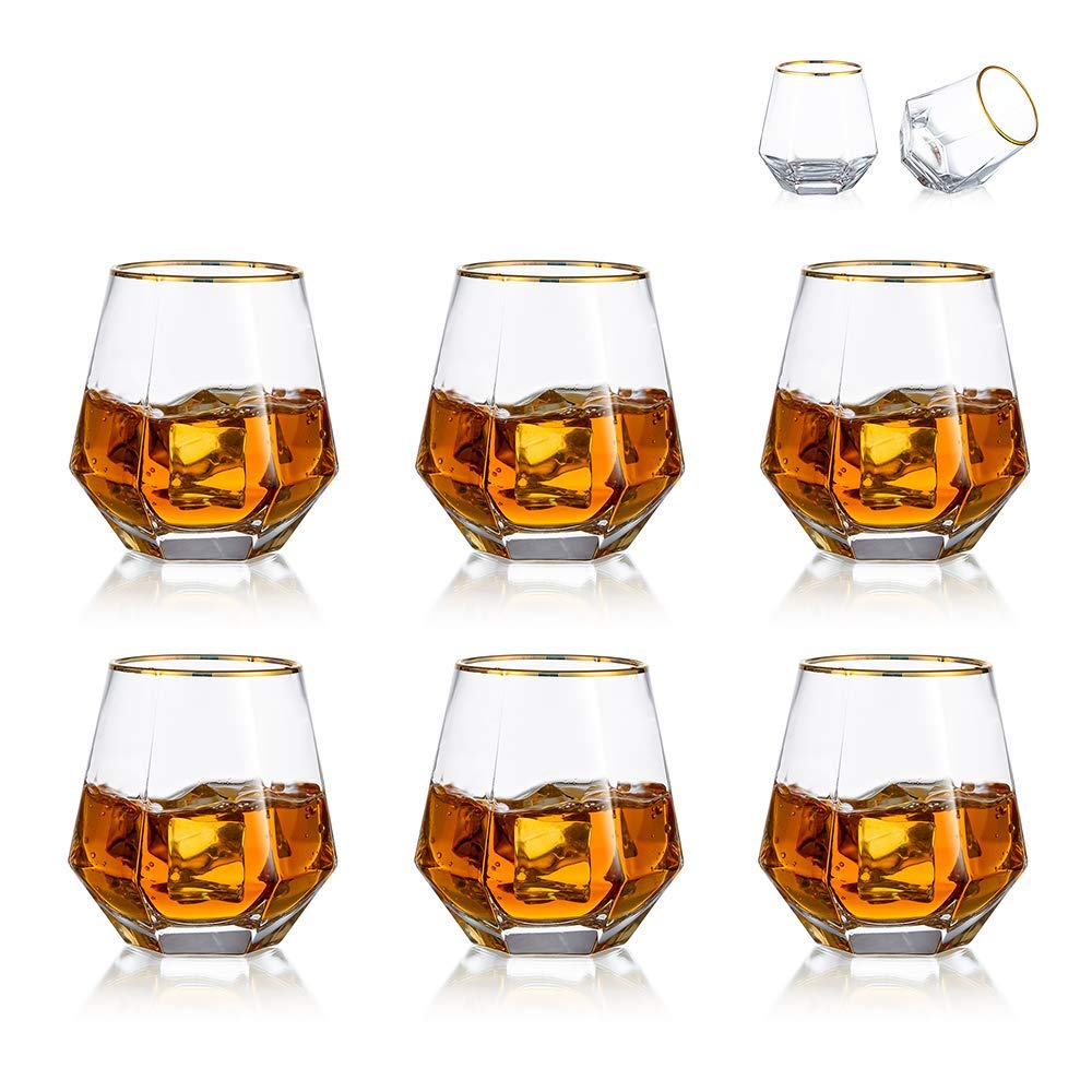 Diamond Whiskey Glasses Set of 6 Water Juice Tumbler Tilted Scotch Glass 300ml Whisky Glass Modern Look Glassware for Bourbon/Rum/Bar Tumbler