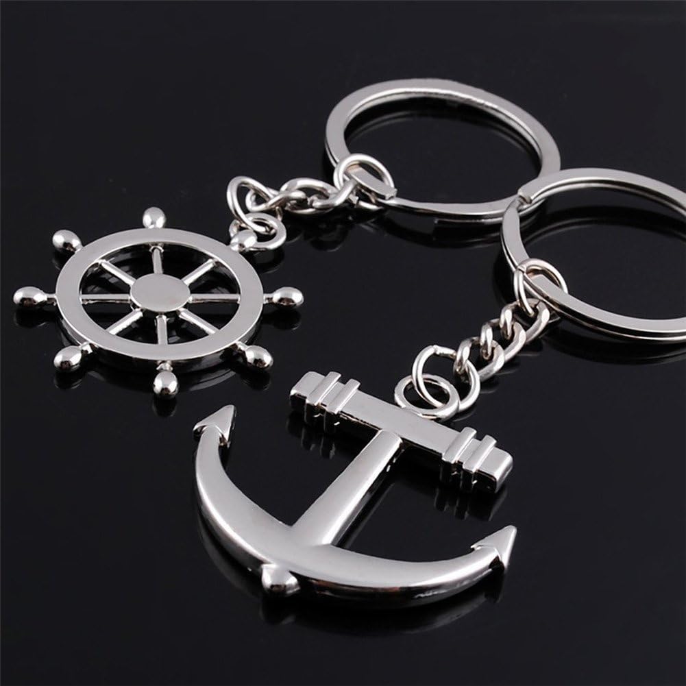 ODETOJOY Pair of 2 pieces for him and his nautical steering wheel anchor key chain, Silver - Image 4