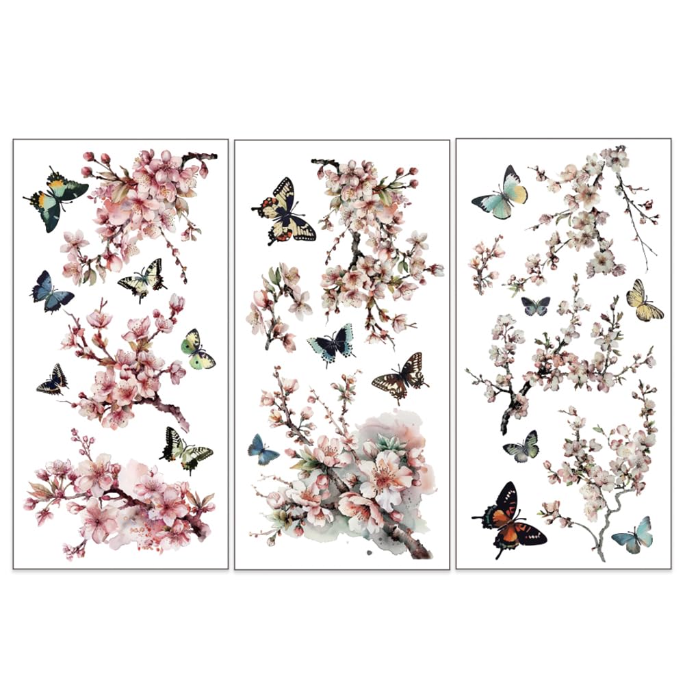 OLYCRAFT 3pcs/Set Sakura Rub on Transfers for Furniture and Crafts 15x30cm Cherry Blossom Decor Transfer Stickers Butterfly Rub on Decals for Wood Furniture Scrapbooking Home Decorations