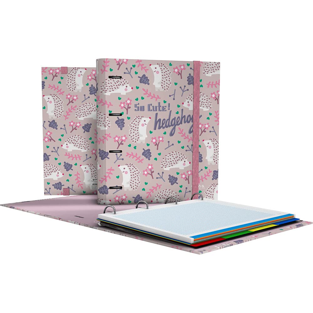 Grafoplás 88102636 A4 Folder with Die-Cut Rings, A4, Refill Sheets, 5 x 5, Dividers, Transparent Envelope, Curved Spine, Carpebook, Elena Corredoira Collection, Hedgehog