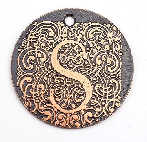 Copper letter S pendant, round flat etching, 28mm