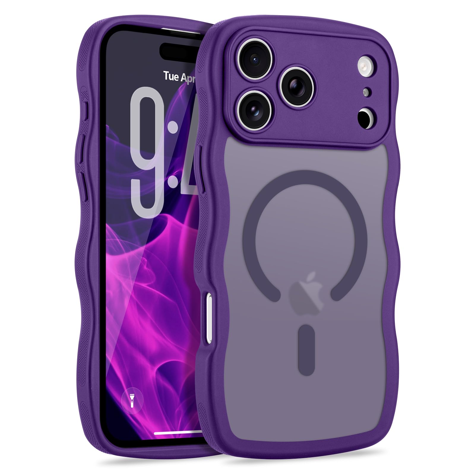 LCHULLE for iPhone 17 Pro Case Curly Wave Frame [Compatible with MagSafe] [Full Camera Protection] Translucent Matte for Women Men Military Grade Shockproof Phone Case for iPhone 17 Pro, Dark Purple