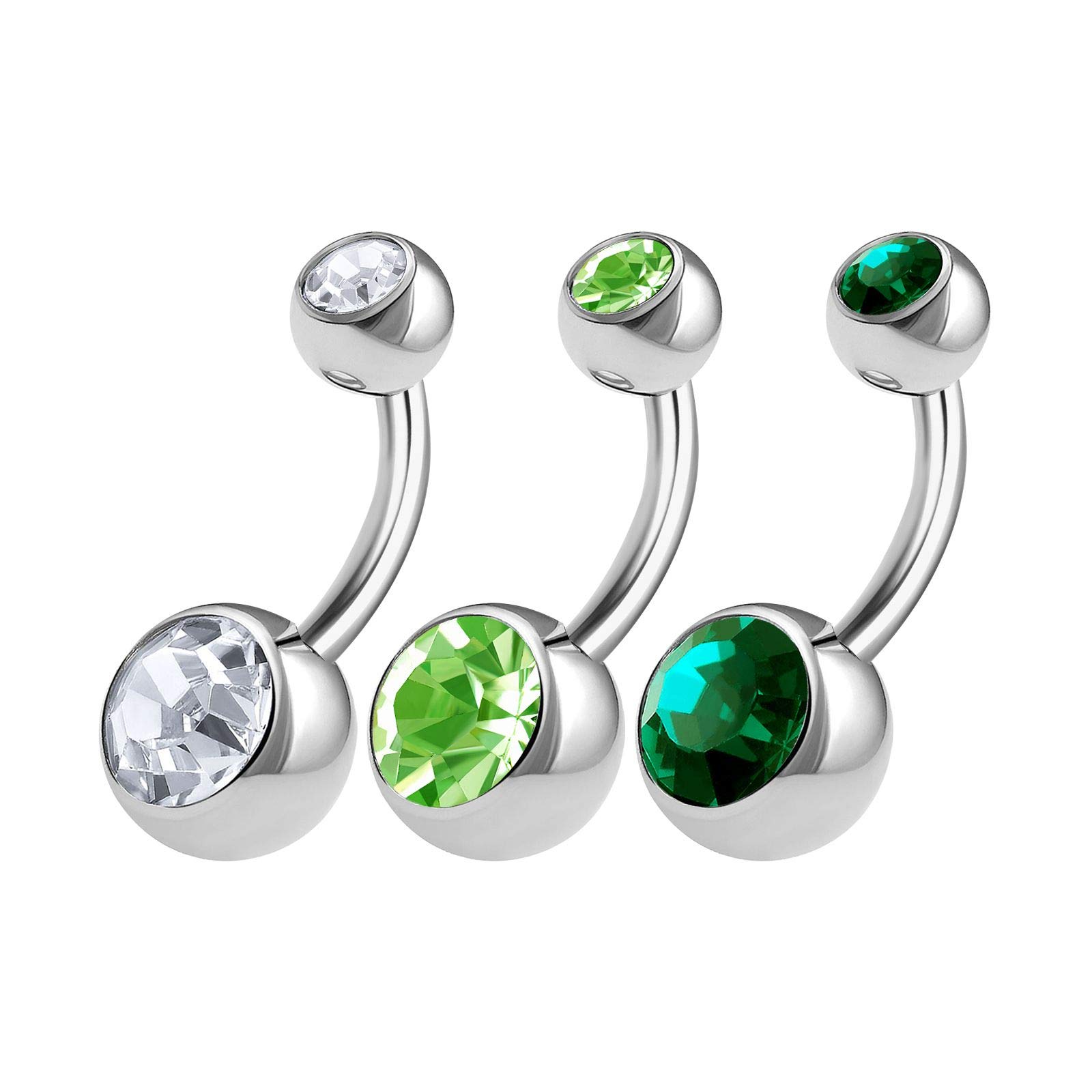 KJM FASHION 3PCS Surgical Steel Navel Short Belly Ring Button Ear Stud 14 Gauge 1/4 6mm Crystal Ball Earrings Piercing Jewellery 3835