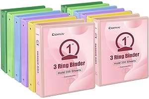 COMIX Standard 3 Ring Binder 1 inch with Clear View Cover, 1" Round Ring View Binder Holds 200 Sheets of US Letter Size Paper for School Office Supplies, 12 Pack (Multicolored)