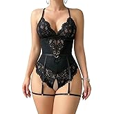 Yulinkzed Women Lingerie Set Naughty Lace Bodysuit Sexy BabyDolls Teddy Sleepwear 2pcs (Wireless/Garter Belt/Romper Rings)