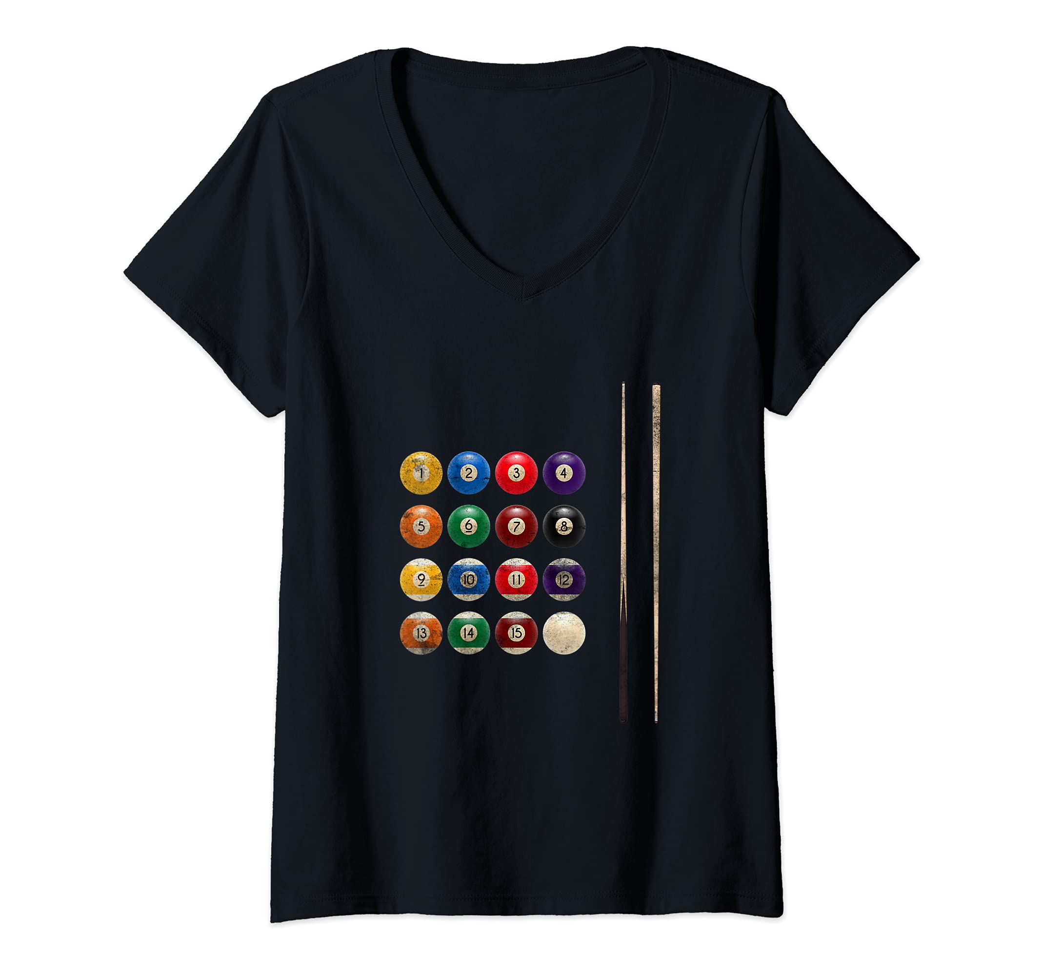 Womens Billiard Balls Pool Player Cue Rack Distressed Design Sports V-Neck T-Shirt