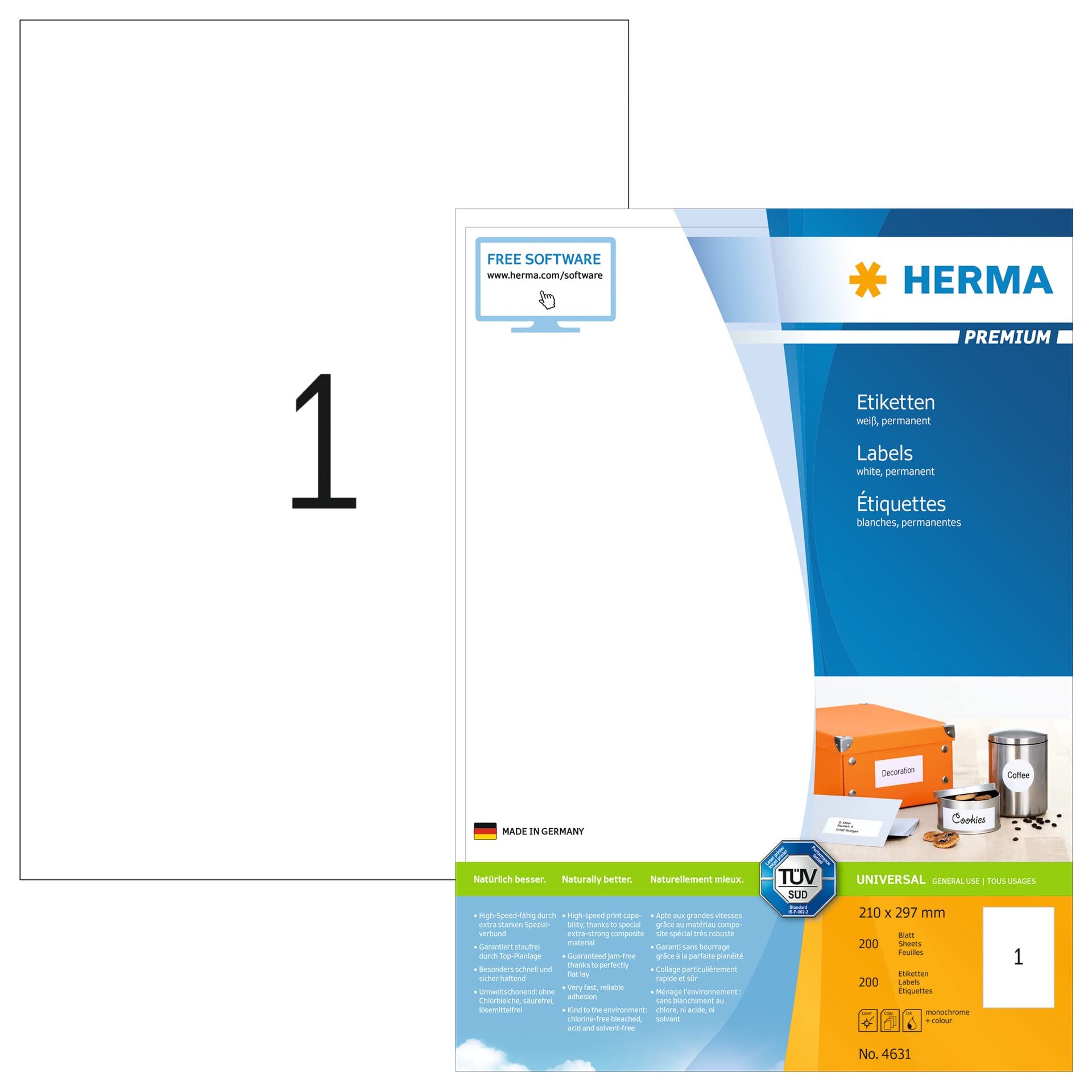 HERMA Self Adhesive Multipurpose Labels, 1 Label per A4 Sheet, 200 Sheets, 210 x 297 mm, 200 Labels, Blank Universal Labels Stickers, Sticky Labels for Laser & Inkjet Printer, White