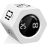 Rotating Productivity Timer 5, 25, 10 30,60 Mins Preset Stopwatch, Desk Flip ProductivityTimer, ADHD Tool Hexagon, Vibration/Mute/Alarm, for Work, Study, Back to School, Kitchen, White