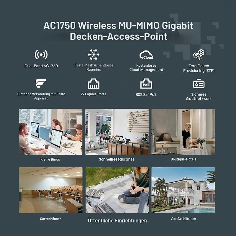 Festa F54 Access Point AC1750 Dual-Band, Kostenlose Cloud-Verwaltung, 802.3af PoE, 2× Gigabit-Ports, Gastnetzwerk,VLAN, 𝐊𝐞𝐢𝐧 𝐖𝐞𝐛𝐔𝐈, 𝐧𝐢𝐜𝐡𝐭 𝐦𝐢𝐭 𝐎𝐦𝐚𝐝𝐚 𝐤𝐨𝐦𝐩𝐚𝐭𝐢𝐛𝐞𝐥