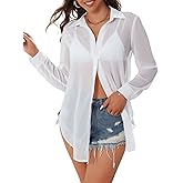 SweatyRocks Women's Long Sleeve See Through Button Down Shirt Slit Mesh Blouse Top