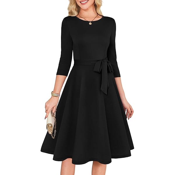 Nmoder Casual Dresses for Women Semi Formal Fit and Flare 3/4 Sleeve A-line  Church Work Dress with Pockets White M at Amazon Women's Clothing store