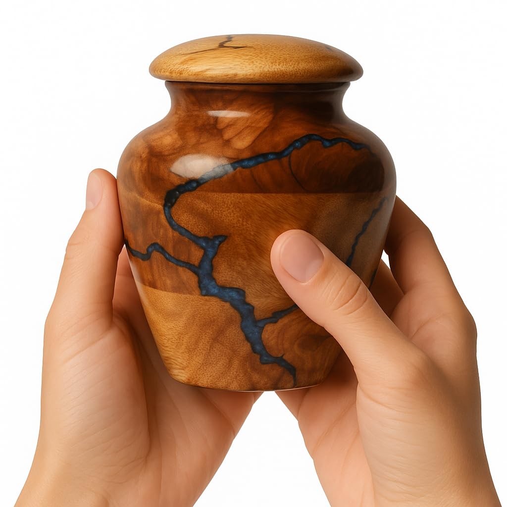 Photo 1 of Wooden urn for Small Keepsake 20 Cu in Capacity Blue Urn for Man and Women Burial and Funeral Urn Handcrafted Design Wooden Cremation Urns for Human Ashes Adult Male Decorative urn