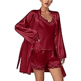 LYANER Women's 3pcs Sleepwear Silk Satin V Neck Lace Trim Cami Top and Shorts Pajama Set with Robe