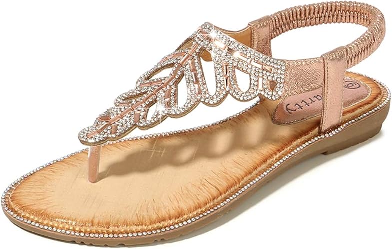 Amazon.com | GCOCO Women's Bohemia Rhinestone Flip Flop Thong Sandals Summer Beach Elastic 