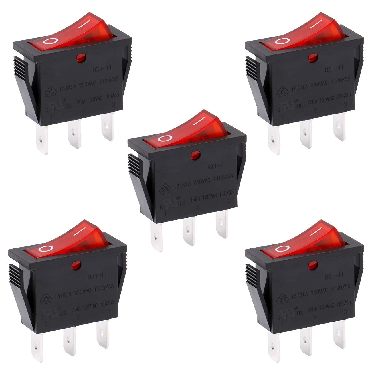 Heschen Rocker Switch ON-OFF SPST 3 Terminals Red Light 16A 250VAC 5Pack