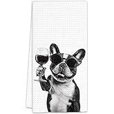 FIicy French Bulldog Gifts Wine Dog Kitchen Towels, Gifts for French Bulldog Wine Lovers Decorative Hand Dish Towel for Kitchen Home Bar,Funny Frenchie WineLover Home Bar Kitchens Decor(16x24In)