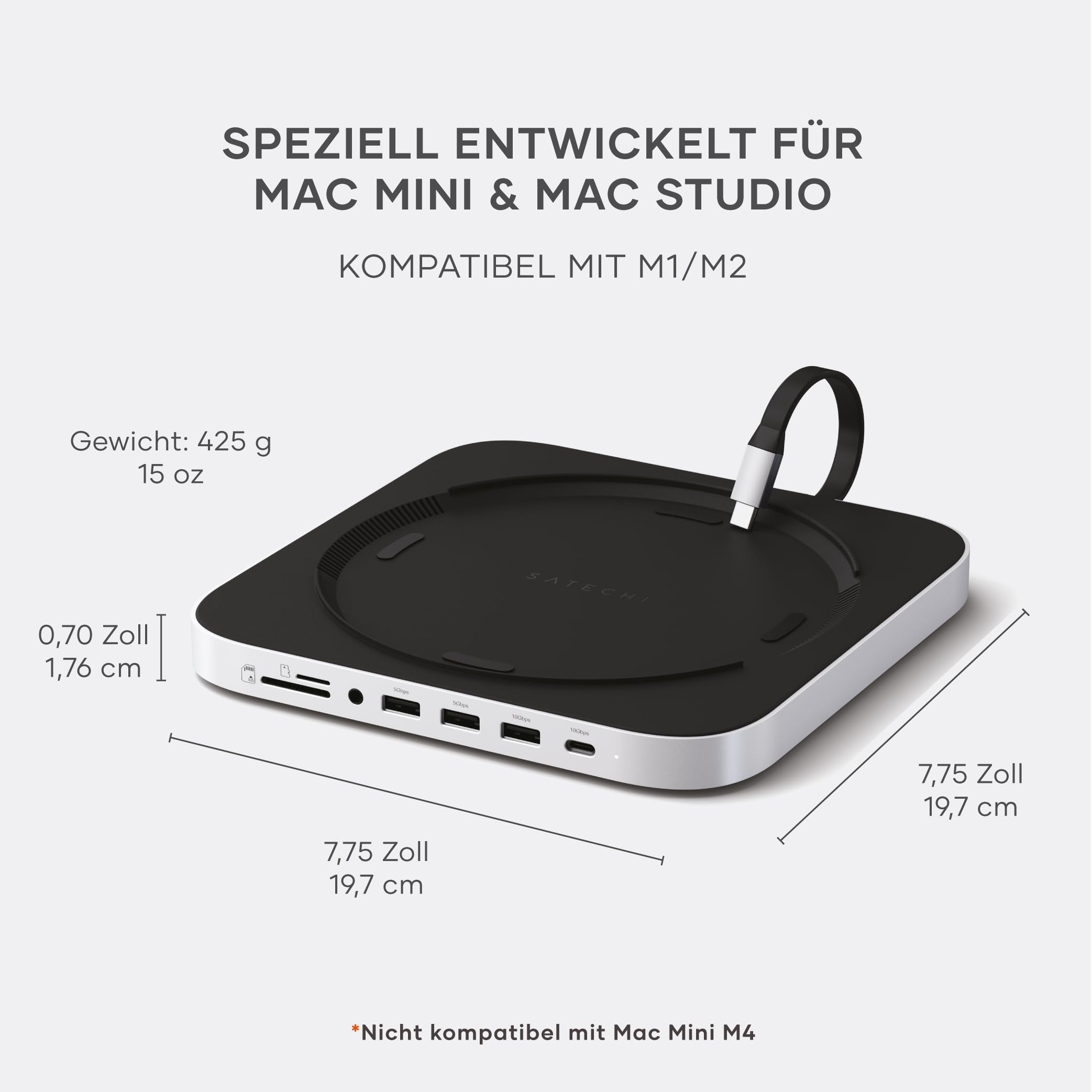 SATECHI Mac mini Hub & Ständer mit SSD-Gehäuse, NVMe/SATA M.2, USB-C 10 Gbit/s, 3X USB-A, Audio, komp. mit Mac mini (2023 M2/M1, 𝗻𝗶𝗰𝗵𝘁 𝗸𝗼𝗺𝗽. 𝗺𝗶𝘁 𝗠𝟰 𝗠𝗜𝗡𝗜) & Mac Studio (2025 M4/etc.) 4