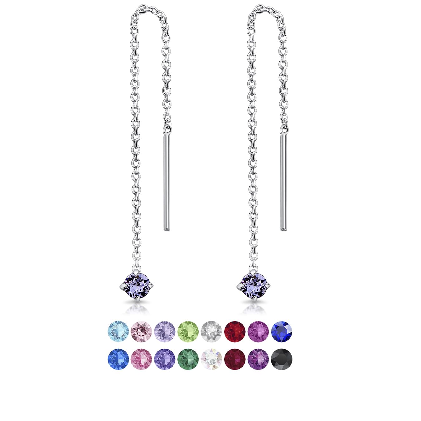 DTPsilver® 925 Sterling Silver SMALL Pull Through Drop Chain Earrings & MINI Round Dangling 3 mm Glittering Crystals from Swarovski® Elements - Total Length 57 mm - Colour : Tanzanite
