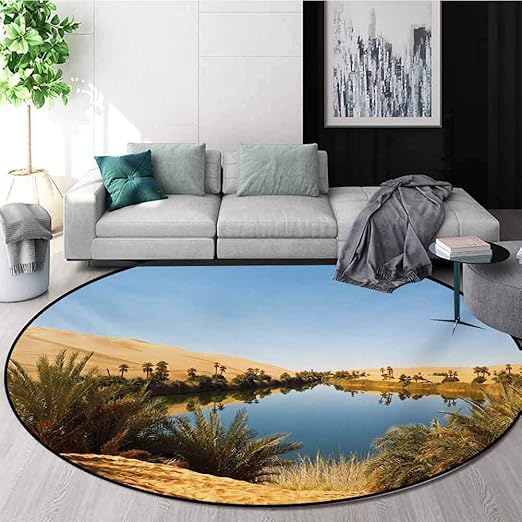 Amazon Com Desert Rug Round Home Decor Area Rugs Idyllic Oasis Awbari Sand Sea Sahara Libya Pond Lush Arid Country Non Skid Bath Mat Living Room Bedroom Carpet Diameter 63 Inch Pale Blue Green Sand Brown Home