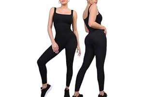 Popilush Jumpsuits for Women Built-In Bra Square Neck Ribbed Bodycon Workout Seamless Leggings Rompers Bodysuits