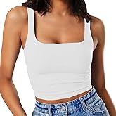 Artfish Women's Sleeveless Strappy Tank Square Neck Double Layer Workout Fitness Casual Basic Crop Tops