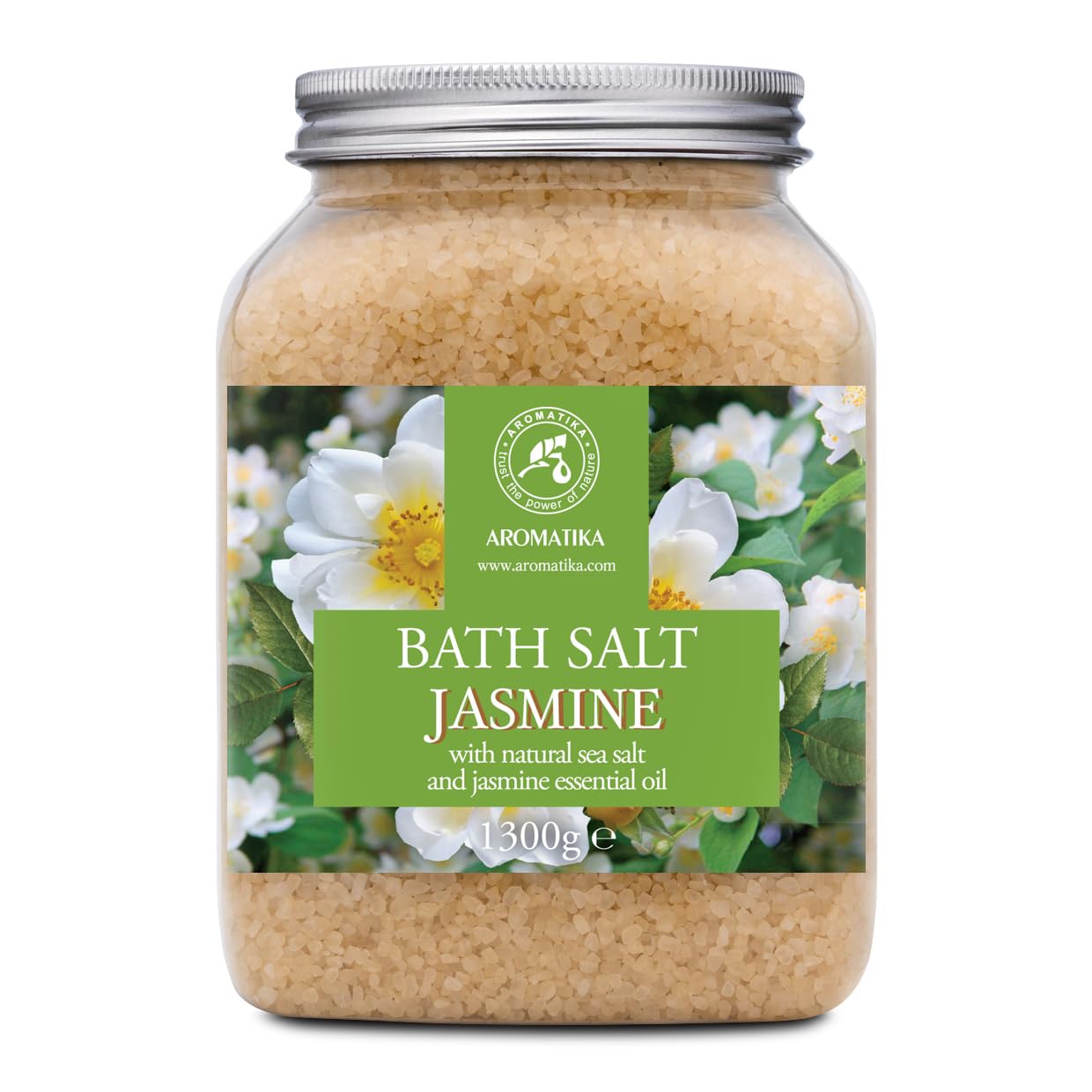 AROMATIKA Jasmine Bath Salts with Natural Essential Oil – 1300g Aromatherapy Bath Soak for Good Sleep, Relaxing Bath & Stress Relief, Natural Bath Salts for Body Care, Beauty & Home Spa, Gift Idea