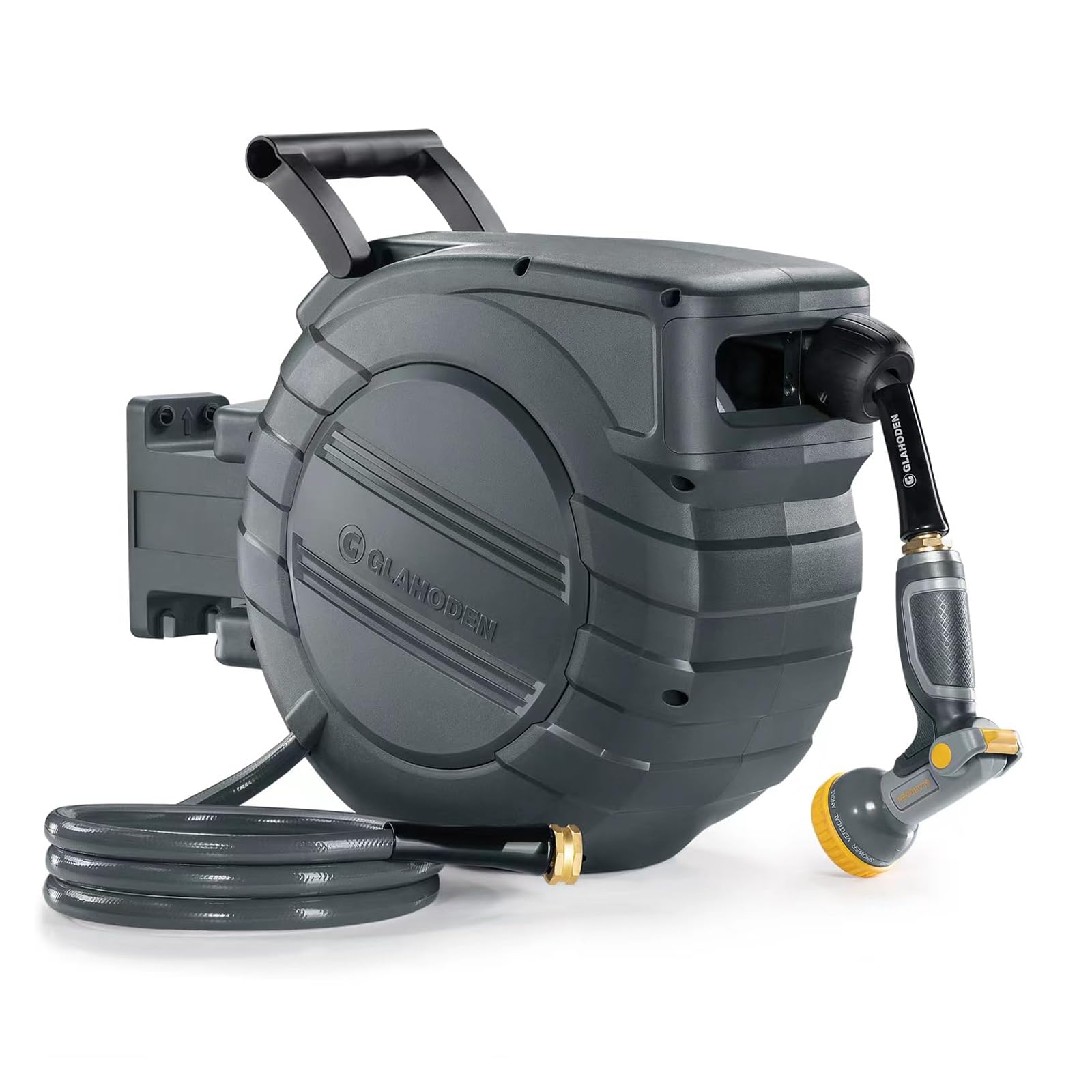 Photo 1 of GLAHODEN Retractable Garden Hose Reel 1/2 in x 65 ft, 2025 Upgraded Dual Ratchet Lock UV & Freeze Protection Brass Seal Slow Retraction Anti-Tangle Hose 180°Swivel Reinforced Scaffold Wall Mount