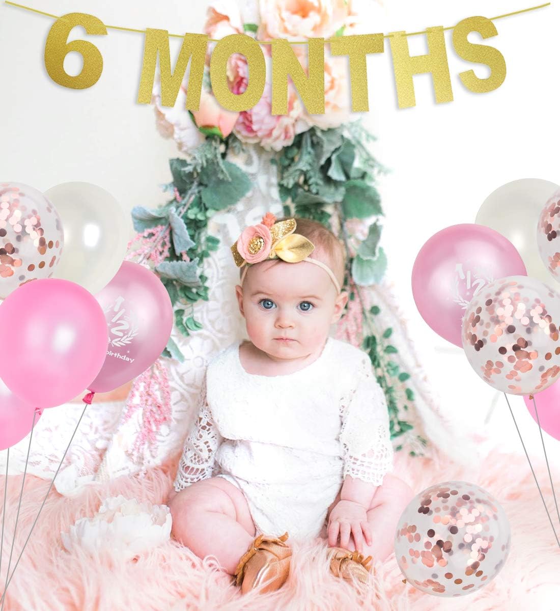 Amazon 半歳 誕生日飾り付け ハーフバースデー 女の子 赤ちゃん １００日お祝い ベビーシャワー パーティー ピンク ゴールド 紙吹雪風船 部屋装飾 風船 バルーン おもちゃ