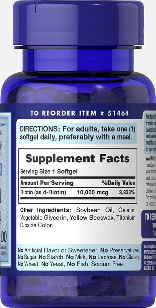 Puritans Pride Biotin 10000 Mcg Softgels, 100 Count: Health & Personal Care