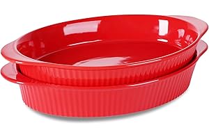 LEETOYI Porcelain 9x13 Large Oval Au Gratin Pans,Set of 2 Baking Dish Set for Servings, Bakeware with Double Handle for Kitchen and Home (Red)
