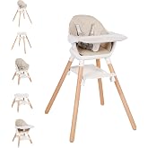 Komcot High Chair, 6 in 1 Convertible High Chairs for Babies and Toddlers | Wooden Baby High Chair, Toddler Highchair with Double Tray &amp; Reversible Footrest, 5-Point Harness Baby Feeding Chair, Beige