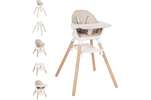 Komcot Baby High Chair, 6 in 1 Wooden Convertible High Chairs for Babies and Toddlers, Booster Seat with Double Tray & Revers